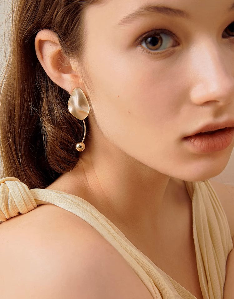 Golden Vintage Asymmetrical Matte Metal Stud Earrings for Women and Girls, Drop Style