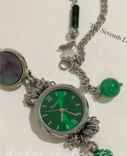 Cyber Punk Vintage Chunky Metal Chain Bead Necklace，Silver and Green Watch Pendant Choker, Trendy Jewelry, Y2KAccessories, Perfect Unique Handmade Gift