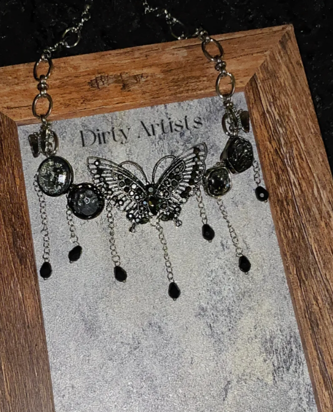 Cyber Punk Vintage Tassel Black Choker, Butterfly Titanium Steel Chunky Chain Necklace,Y2KAccessories, Perfect Unique Handmade Gift