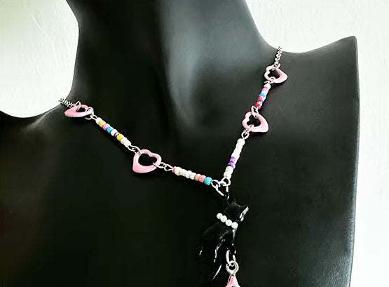 Adorable Cat and Star Pendant Beaded Necklace, Girly Style, Interesting Design, Special Gift. Niche Style