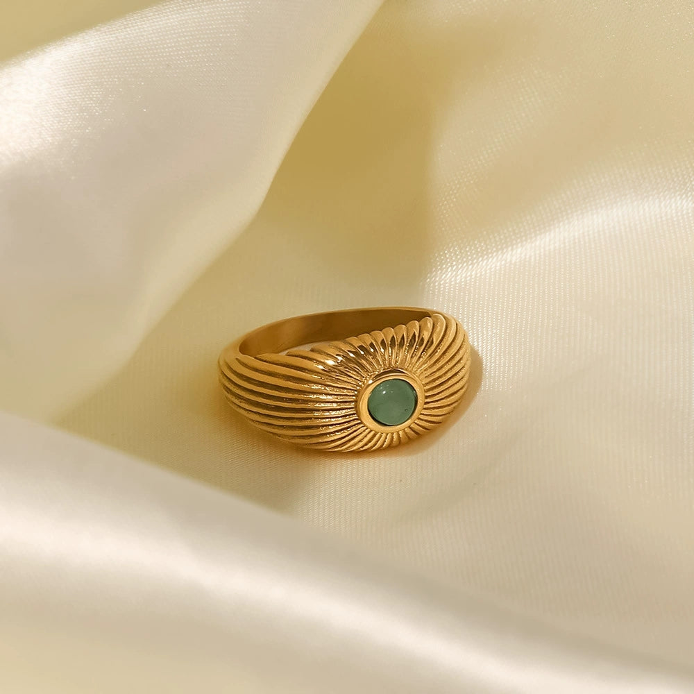 MoJone French Chic 18K Gold-plated Natural Green Stone Sun-shaped Ring for Female