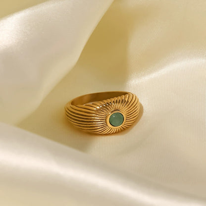 MoJone French Chic 18K Gold-plated Natural Green Stone Sun-shaped Ring for Female