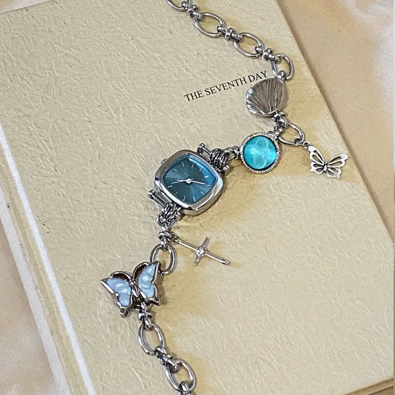 Vintage Chunky Metal Chain Necklace Blue Watch Pendant Choker, Fashion Punk Jewelry, Y2KAccessories, Perfect Unique Handmade Gift
