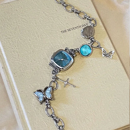Vintage Chunky Metal Chain Necklace Blue Watch Pendant Choker, Fashion Punk Jewelry, Y2KAccessories, Perfect Unique Handmade Gift