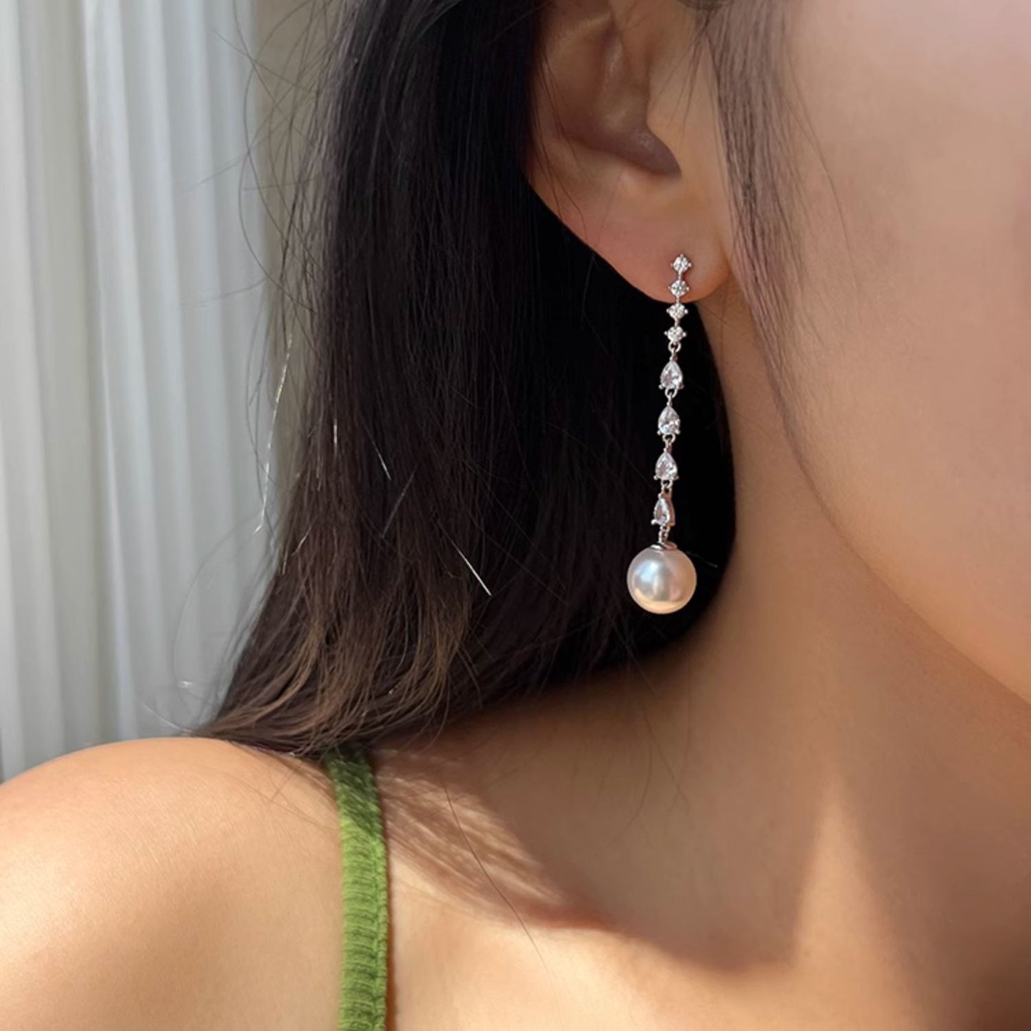 Pearl Dangle Earrings with Zirconia Crystals, Retro S925 Sterling Silver Earrings
