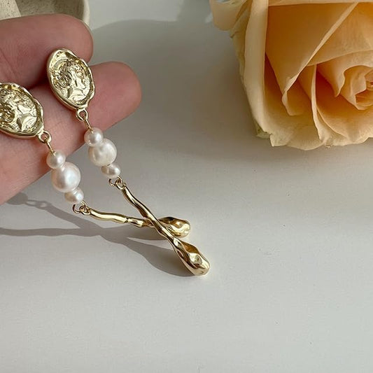 Freshwater Pearl Drop Earrings, Gold Plated Settings, Long Drop Design for Women