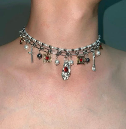 Vintage Cross Necklace with Ruby and Pearl Layering, Uniquely Cyberpunk Y2K  Style Necklace, Punk Vintage, Men and Women necklace