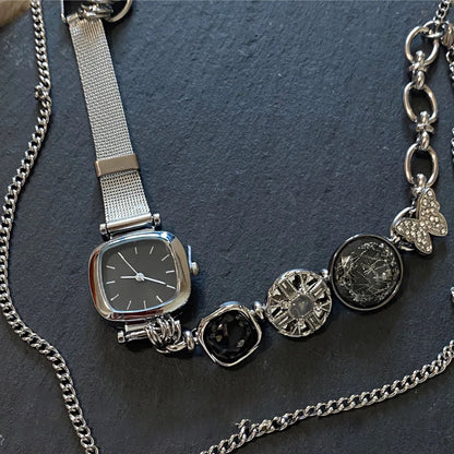 Cyberpunk silver watch chunky chain necklace & bracelet (two ways to wear), key pendant layered necklace, trendy and cool, Y2K necklac