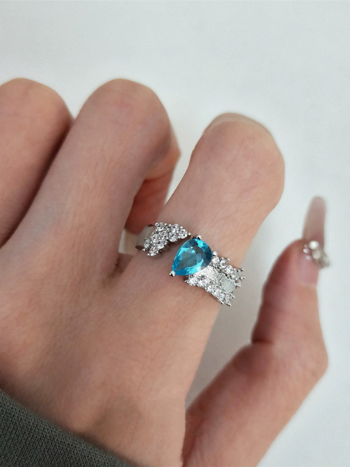 Aquamarine Drop Ring, Vintage-inspired Topaz, Women's Silk Satin Index Finger Ring