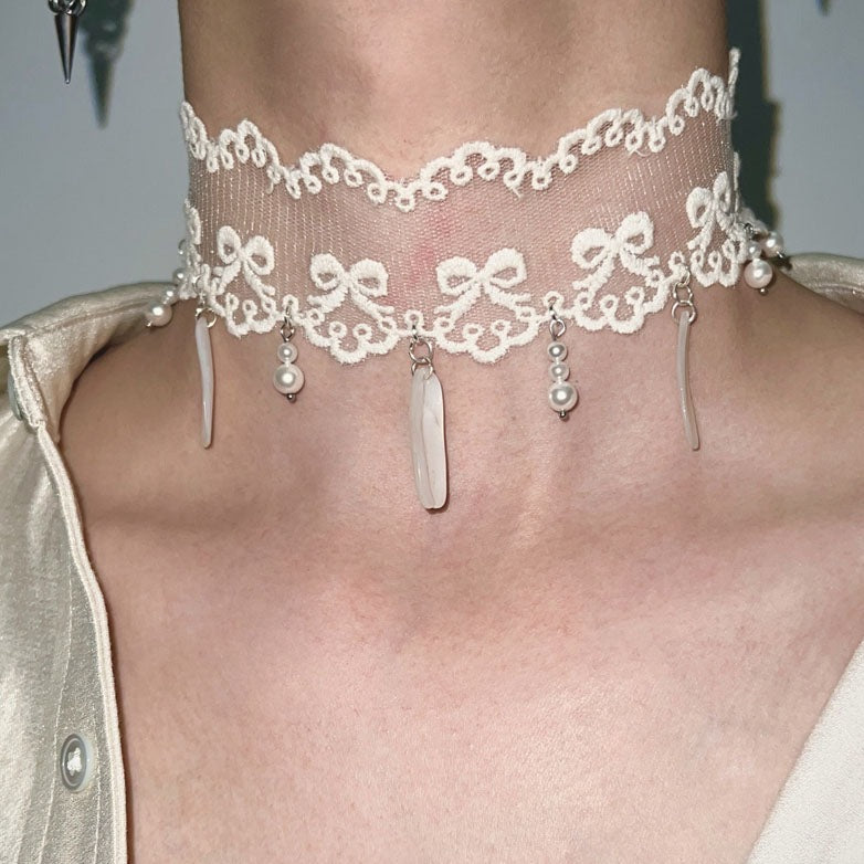 Vintage Lace Crystal Choker Necklace & Natural Seashells Pendant for Women Accessories Elegant Statement Necklace Gothic Lady Party Jewelry