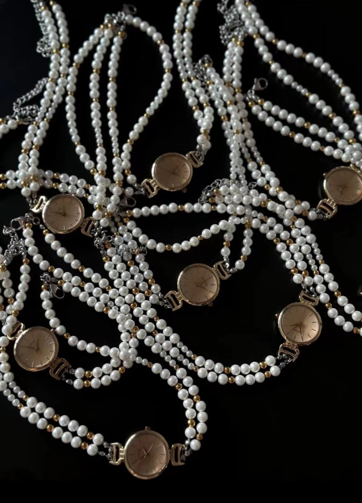 Elegant vintage watch pendant pearl choker, cross-pearl layered necklace