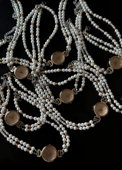 Elegant vintage watch pendant pearl choker, cross-pearl layered necklace