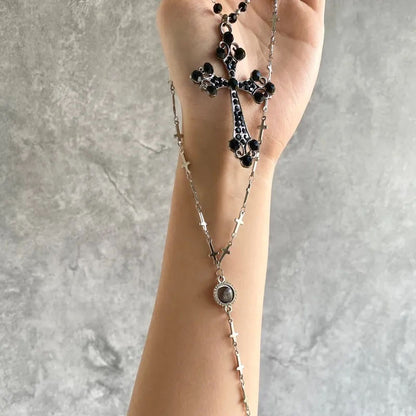 Y2k Cross double layered long necklace with cat's eyes and agate accents,Trendy Zircon Black Beads Necklace,Long Pendant Jewelry Necklaces,Cross Sexy Collarbone Multilayer Necklaces for Women