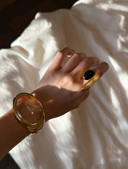MoJone Luxurious Black Agate Ring with Irregular Natural Crystal Opening Ring, for Female