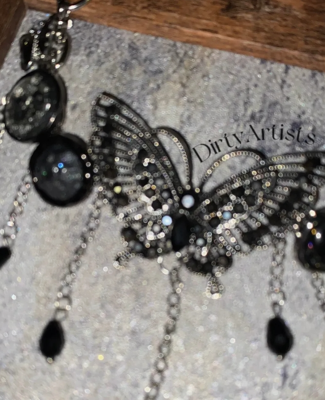 Cyber Punk Vintage Tassel Black Choker, Butterfly Titanium Steel Chunky Chain Necklace,Y2KAccessories, Perfect Unique Handmade Gift