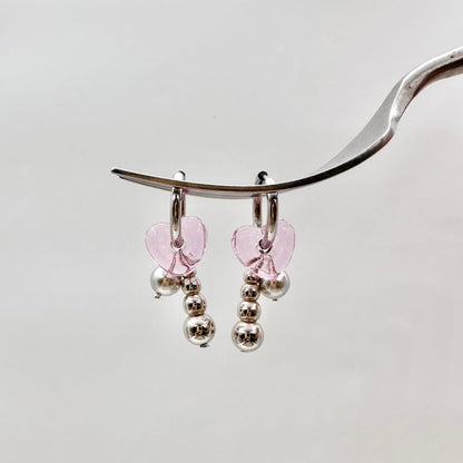 Silver Pearl Pink Heart-shaped Earrings for Women Heart Earrings Clip on Pearl Earrings