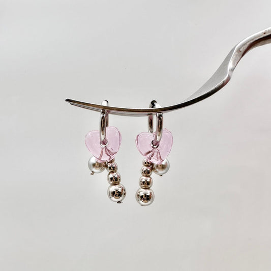 Silver Pearl Pink Heart-shaped Earrings for Women Heart Earrings Clip on Pearl Earrings