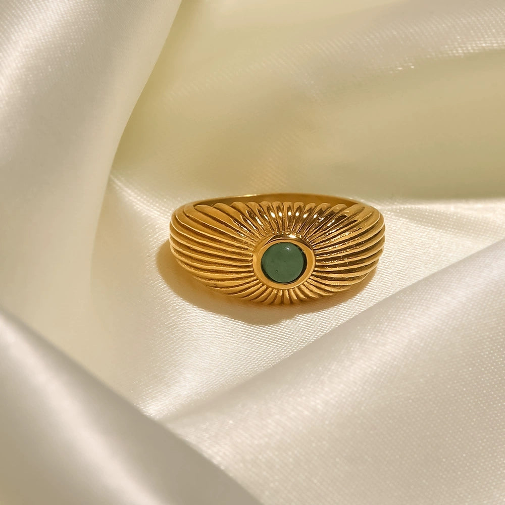 MoJone French Chic 18K Gold-plated Natural Green Stone Sun-shaped Ring for Female
