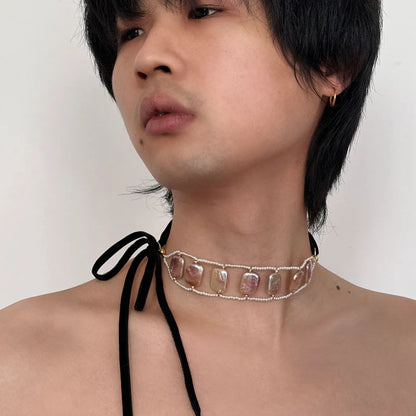 Vintage Baroque Pearl Choker Necklace Chain Boho Pearl Chain Charm Long Black Velvet Ribbon Collar Necklace Jewelry for Women and Girls ﻿