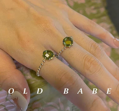 MoJone French Chic Gold-plated Adjustable Green Crystal Ring for Female