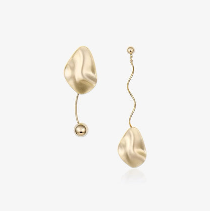 Golden Vintage Asymmetrical Matte Metal Stud Earrings for Women and Girls, Drop Style