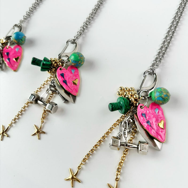 Heart Shape Dumbbell Mushroom Stone Keychain Bag Hanging Long Pendant Necklace (including Chain)