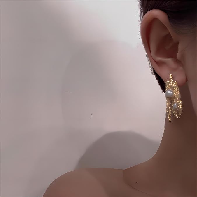 Natural Aurora Baroque Shaped Pearl Earrings Niche Textured Sterling Silver Earrings