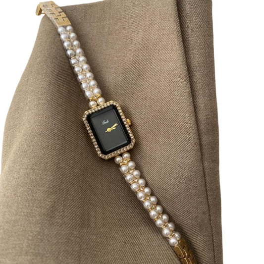 Pearl Strap Black Gold Watch: Square Dial for a Unique, Stylish Women's Timepiece with Sophisticated Appeal