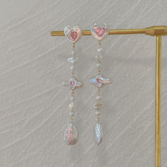 Dazzling Love: Sterling Silver Pink Heart Earrings with Diamond Accents and Dangling Pearls