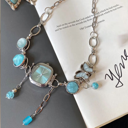 Cyber Punk Vintage Button Bead Blue Watch Choker, Butterfly Titanium Steel Chunky Chain Necklace,Y2KAccessories, Perfect Unique Handmade Gift