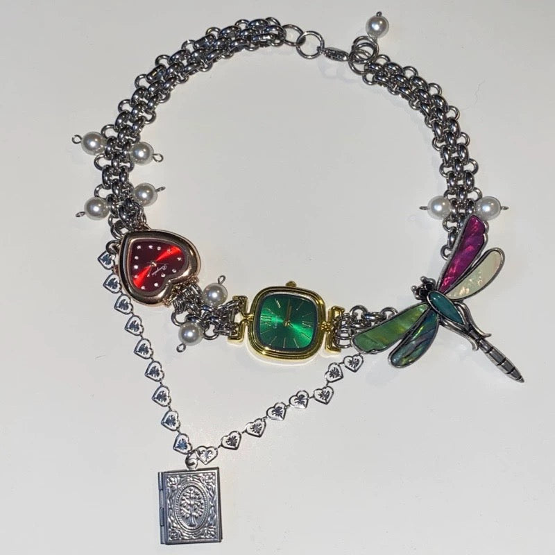 Cyberpunk retro colorful watch choker necklace,dragonfly, buttefly charm chunky chain, layered pearl and heart necklace, Y2K clock jewelry