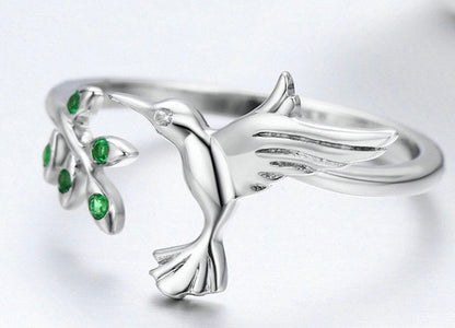 S925 Sterling Silver Hummingbird with Green Diamond Leaf Pendant Necklace, paired with matching ring, a uniquely perfect gift for women.
