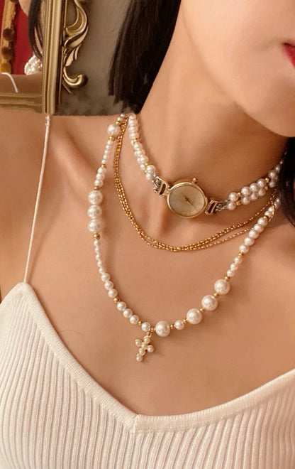 Elegant vintage watch pendant pearl choker, cross-pearl layered necklace