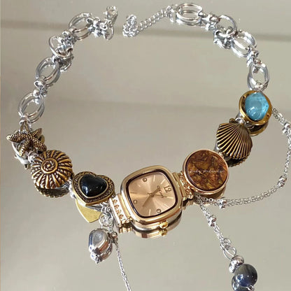 Vintage Necklace Y2K Punk Handmade Button Bead Watch Pendant Choker Titanium Steel Necklace, Unique Jewelry Gift for Women and Man