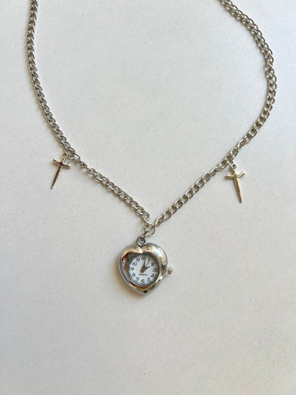 Vintage silver heart watch necklace