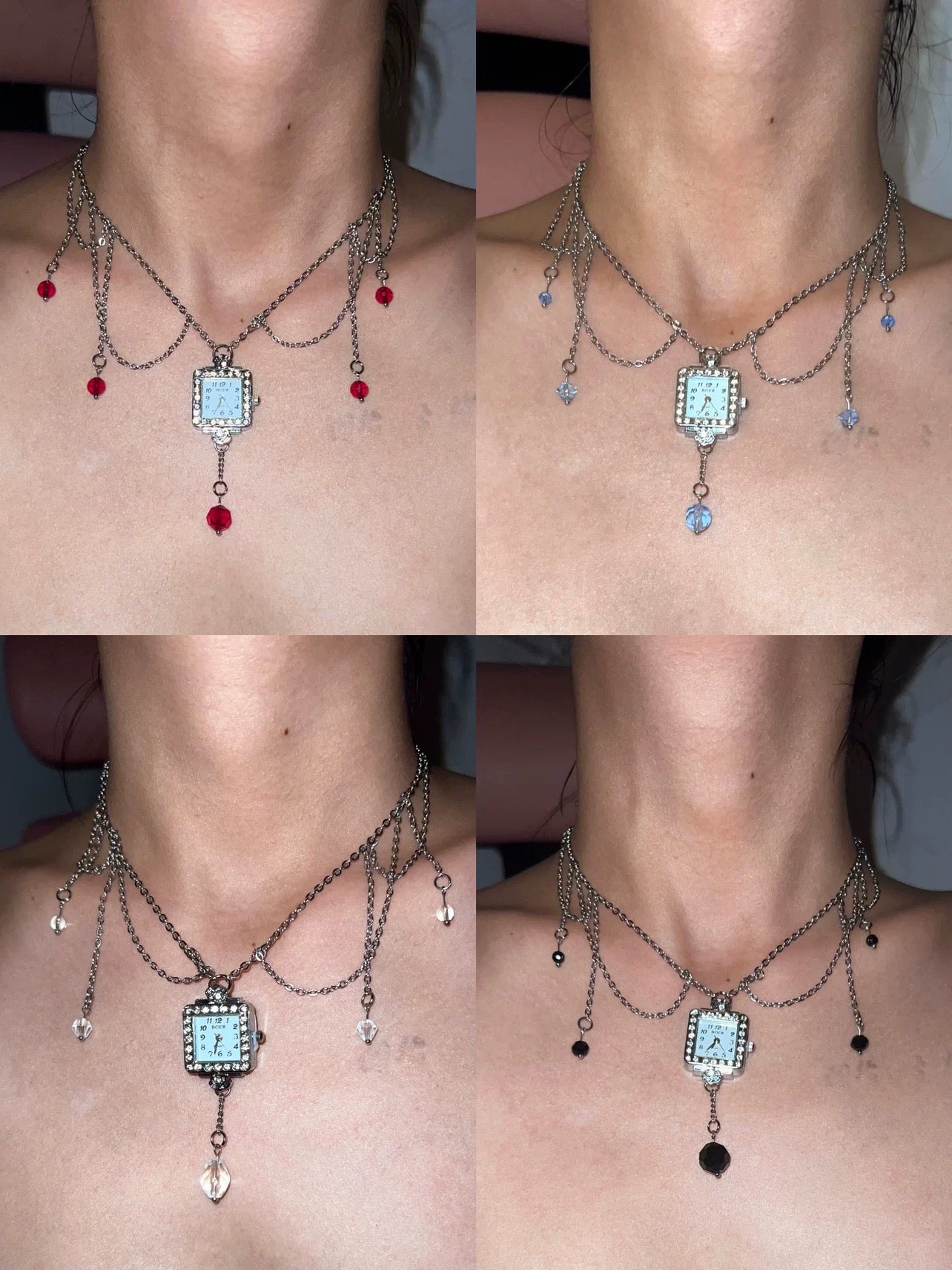 Vintage Wire Weaving Watch Choker, Elegant Crystal Tassel Silver Chain, Y2K  Necklace, Stylish Layered Silver Chain Accessory.