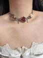 Vintage Red Heart Watch Choker Necklace, Red Cross Layered Necklace