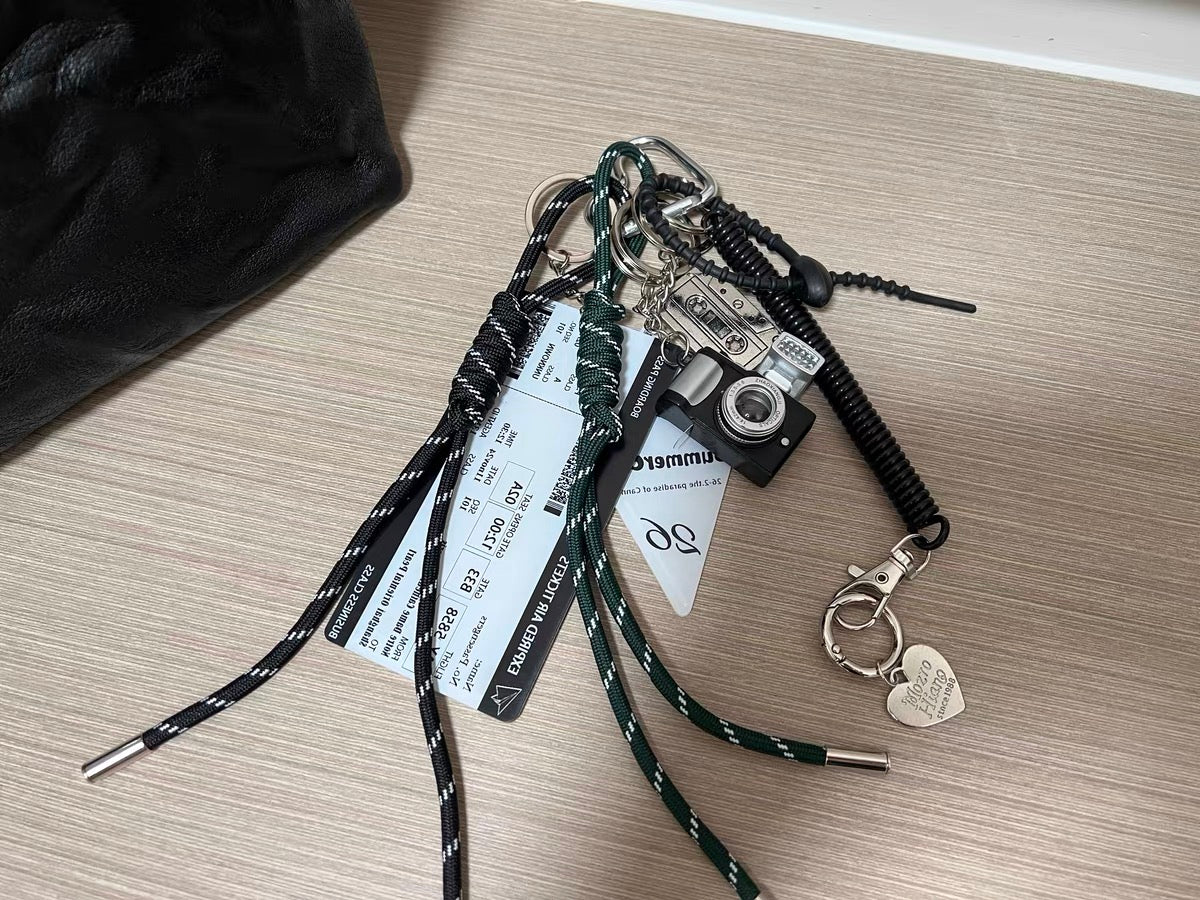 Y2K maximalist bag charm, camera, cassette woven rope keychain