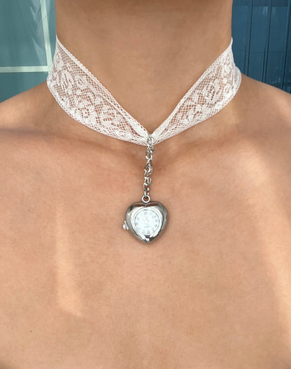 Vintage silver heart watch necklace