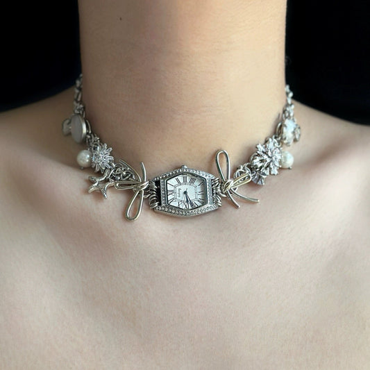 Vintage silver bow watch pendant choker, metallic Y2K necklace