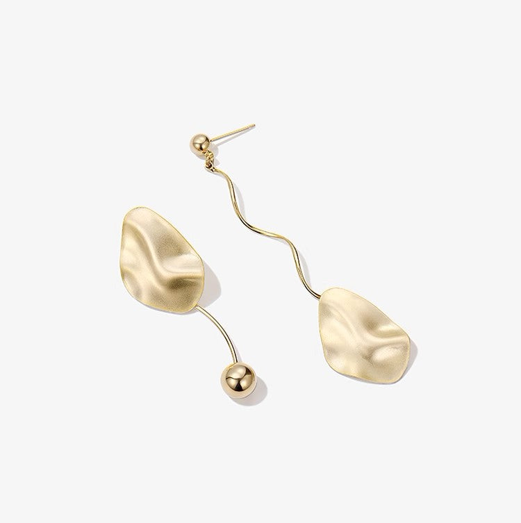 Golden Vintage Asymmetrical Matte Metal Stud Earrings for Women and Girls, Drop Style