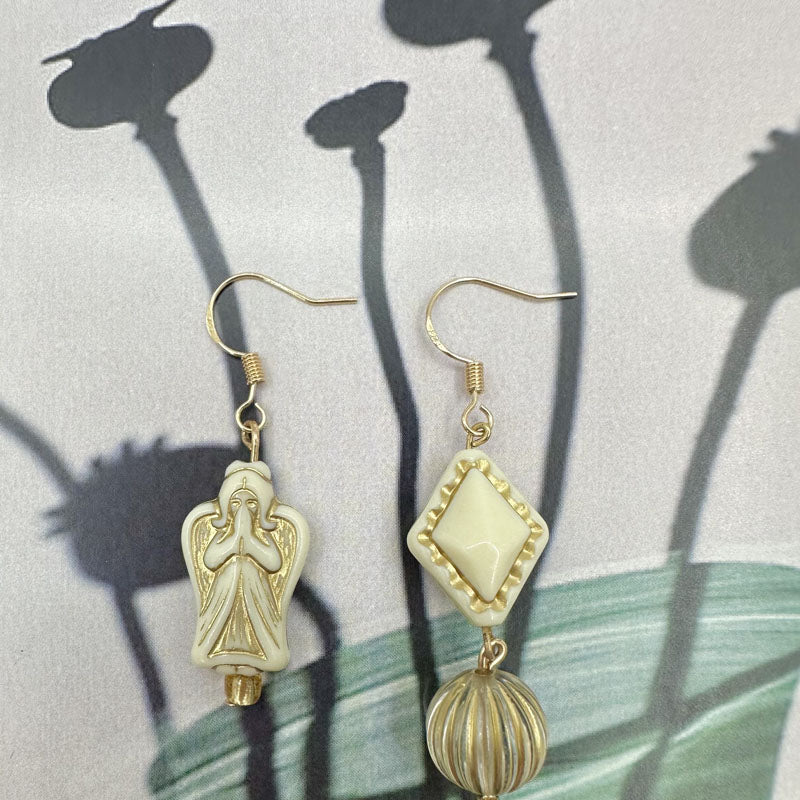 Vintage Czech Pearl Angel Gold Asymmetric Earrings for Women Teens Earrings Hook