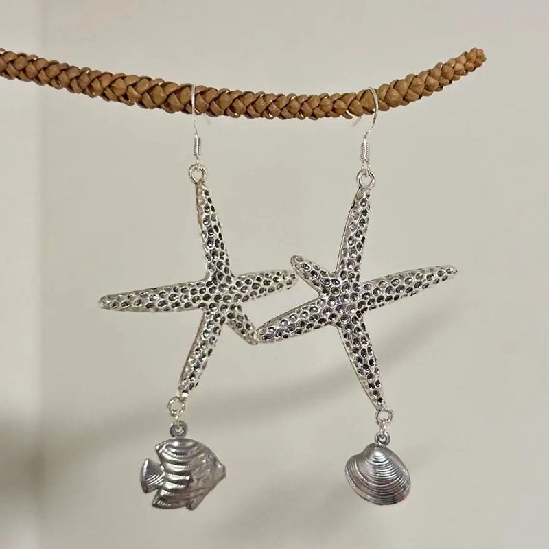 Sea Star Earrings,Long Style,Ocean Earrings,S925 Earrings,Conch and fish pendant,elegant Irregular earrings,Beach Charms Jewelry For Woman