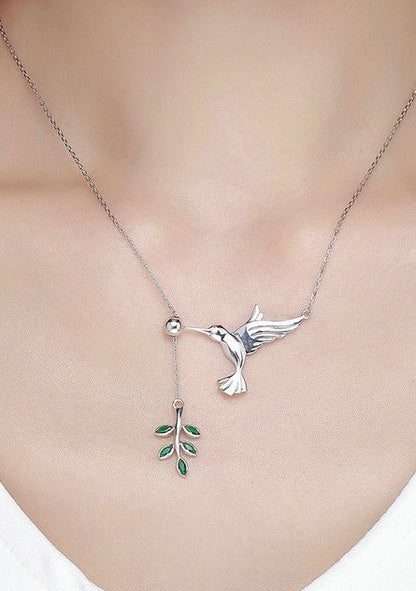 S925 Sterling Silver Hummingbird with Green Diamond Leaf Pendant Necklace, paired with matching ring, a uniquely perfect gift for women.