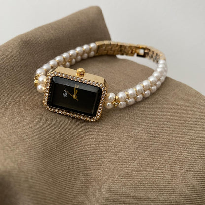 Pearl Strap Black Gold Watch: Square Dial for a Unique, Stylish Women's Timepiece with Sophisticated Appeal