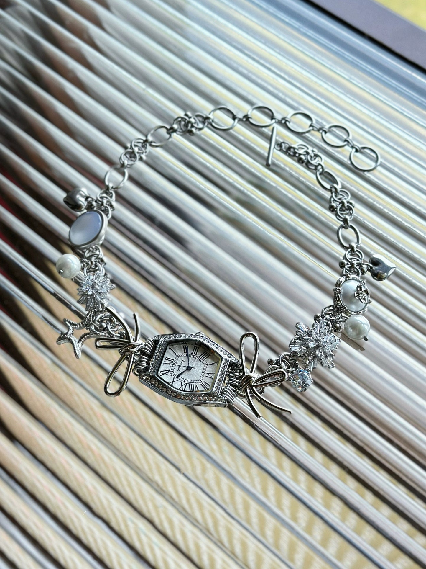 Vintage silver bow watch pendant choker, metallic Y2K necklace