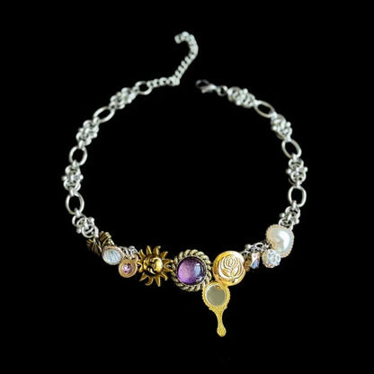 Punk Choker Heavy Industry Titanium Steel Necklace Gorgeous Purple Crystal Pendant for Women