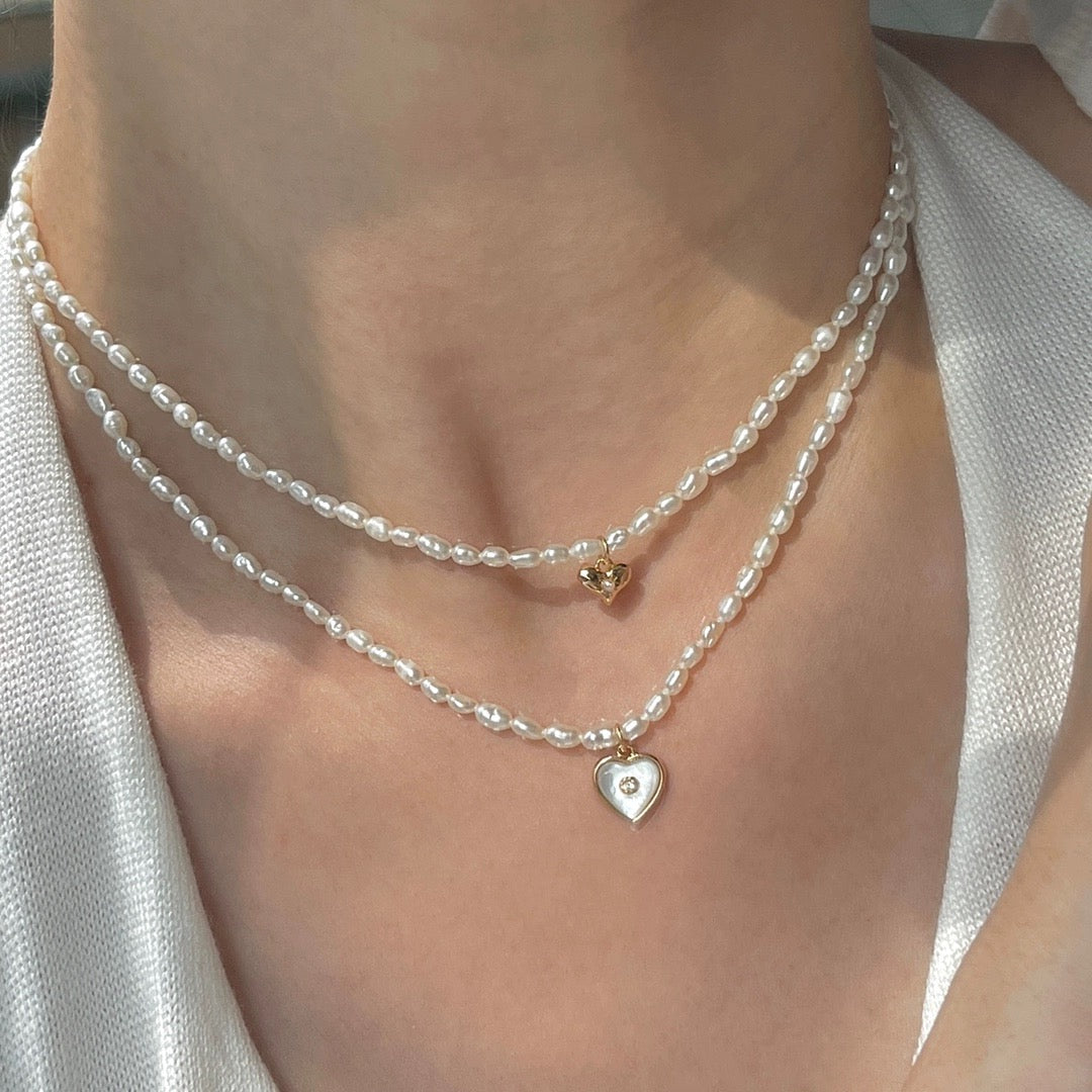Heart-Shaped Mother of Pearl Pendant with Diamond, 18K Gold Heart diamond Pendant , Natural Pearl Necklace, Adjustable Chain