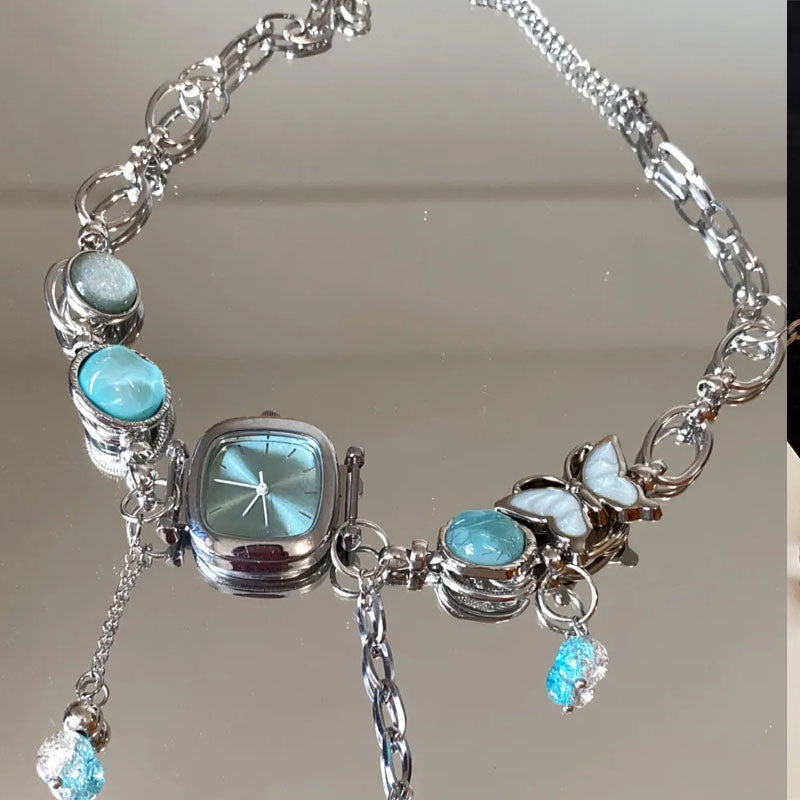 Cyber Punk Vintage Button Bead Blue Watch Choker, Butterfly Titanium Steel Chunky Chain Necklace,Y2KAccessories, Perfect Unique Handmade Gift