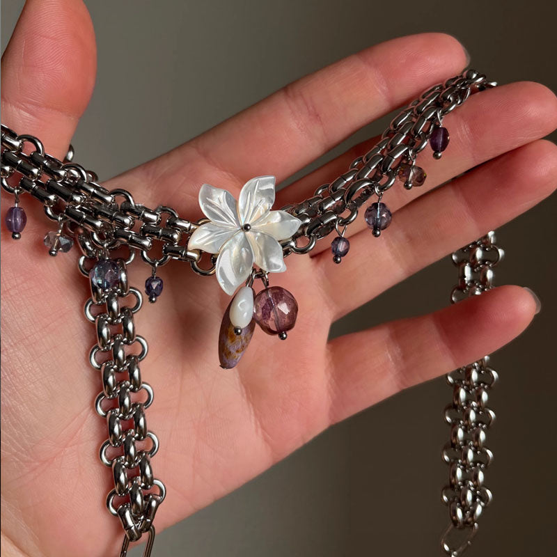 Vintage Flower Pendant Chunky Chain Necklace，Punk Retro Beads Choker Necklace, Y2K Adjustable Trendy Jewelry，Gift for Woman